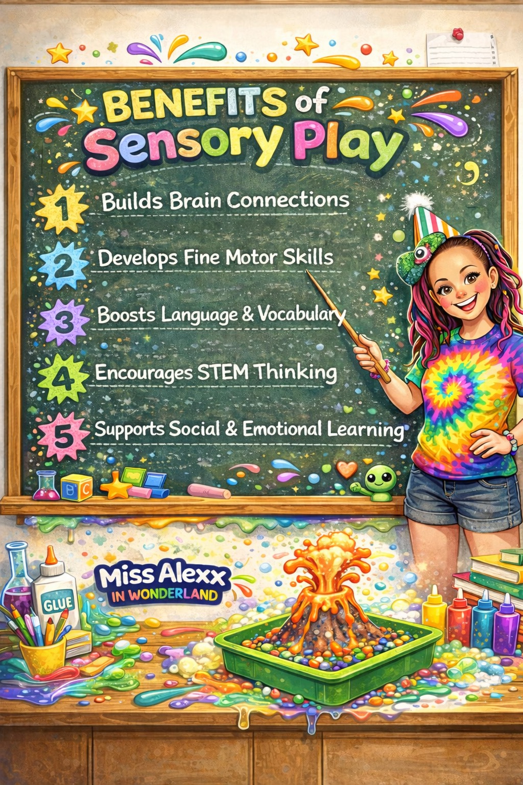 Benefits of Sensory Play — Builds brain connections, develops fine motor skills, boosts language and vocabulary, encourages STEM thinking, supports social and emotional learning